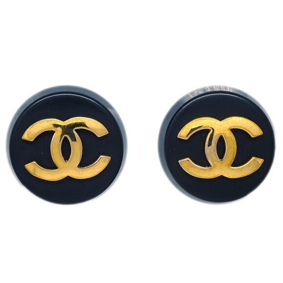 Chanel Button Earrings Clip-On Black Gold 28 191710 - Picture 1 of 4